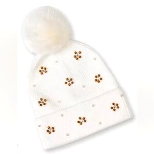 INC Ivory Faux Fur Pom & Pearl Beanie Hat One Size Fit All